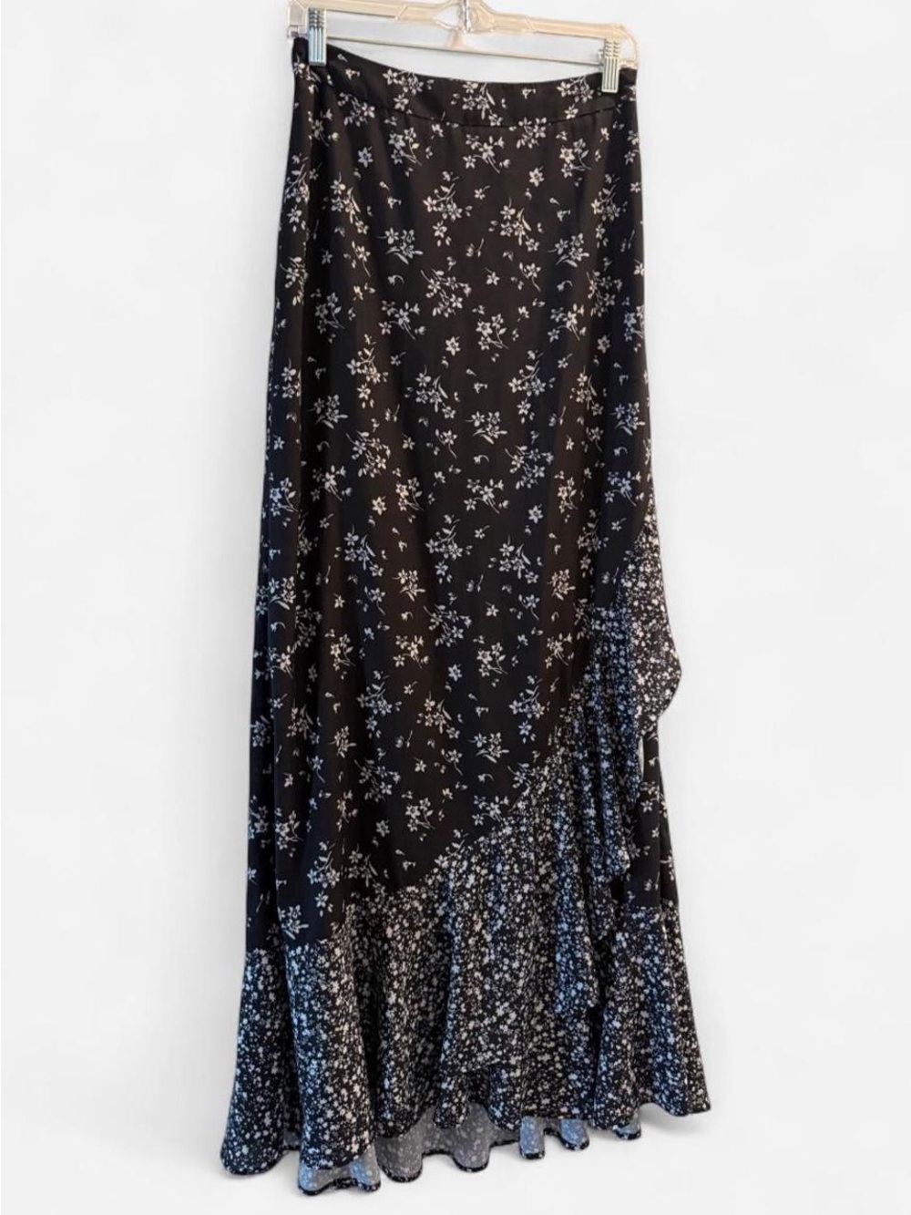 Aqua Black Floral Ruffle Maxi Skirt